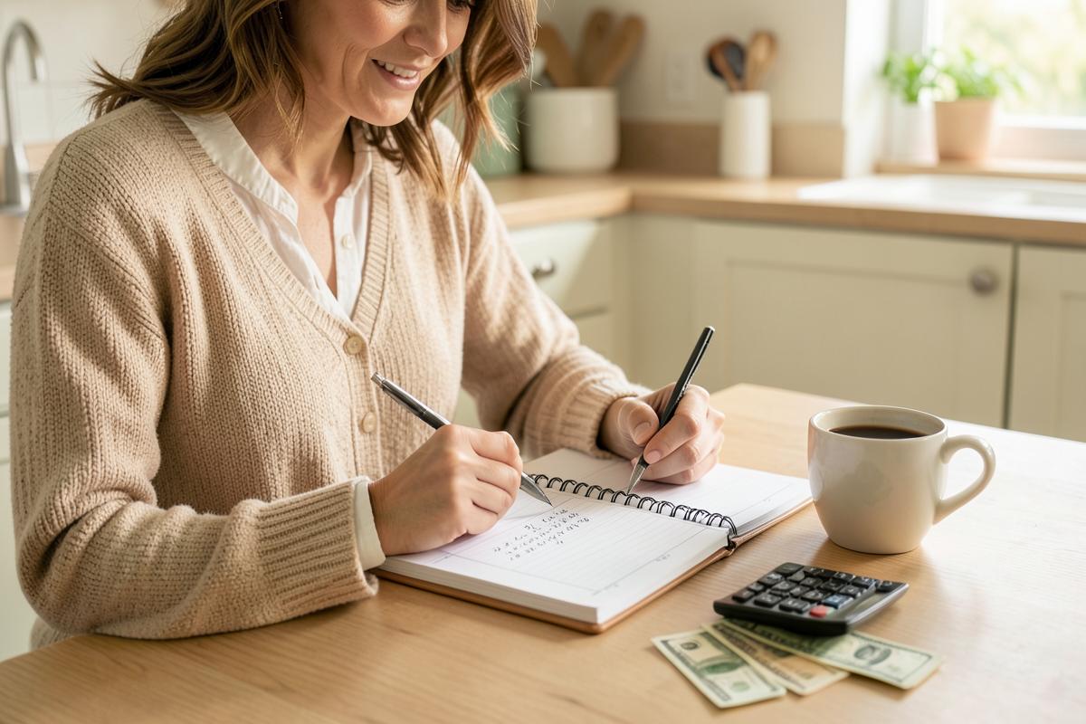 A woman writing in a budget notebook with a calculator and coffee at a kitchen table