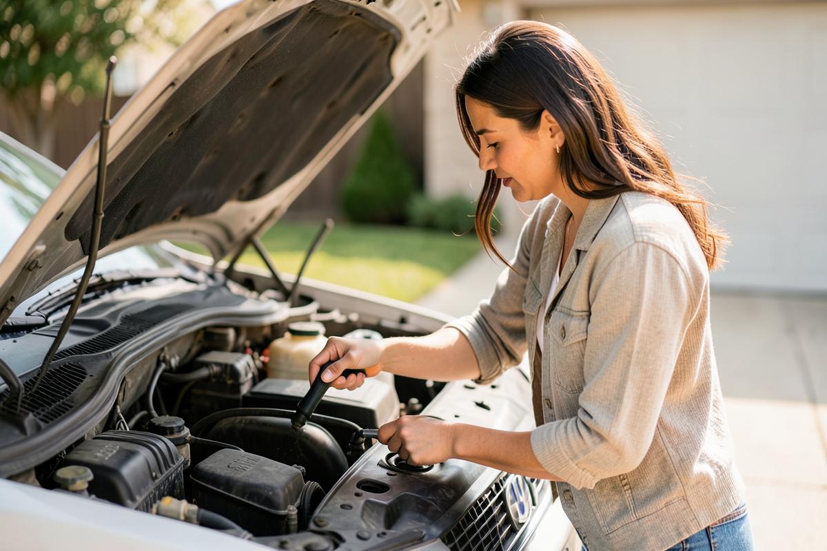 A woman checking the oil dipstick under the open hood of a car in a driveway