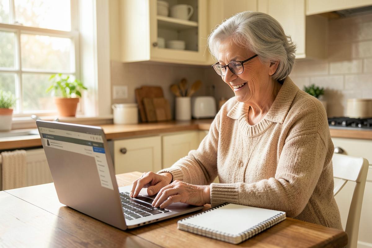An older woman smiling while using a laptop at a sunlit kitchen table