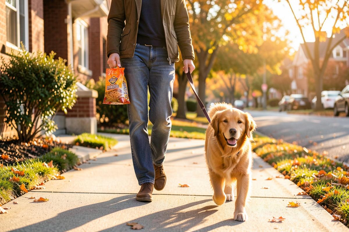 A person walking a golden retriever on a loose leash along a sunny street