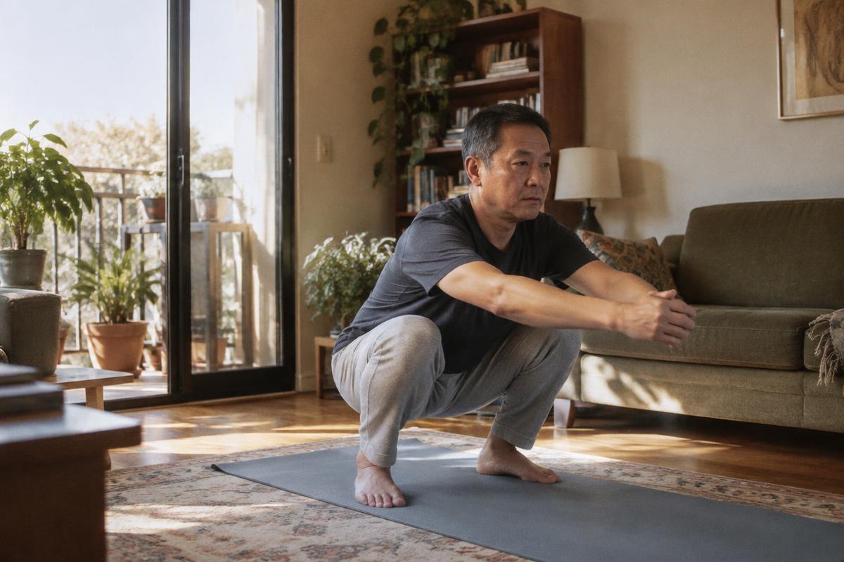 A woman doing a bodyweight squat on a yoga mat in a sunlit living room