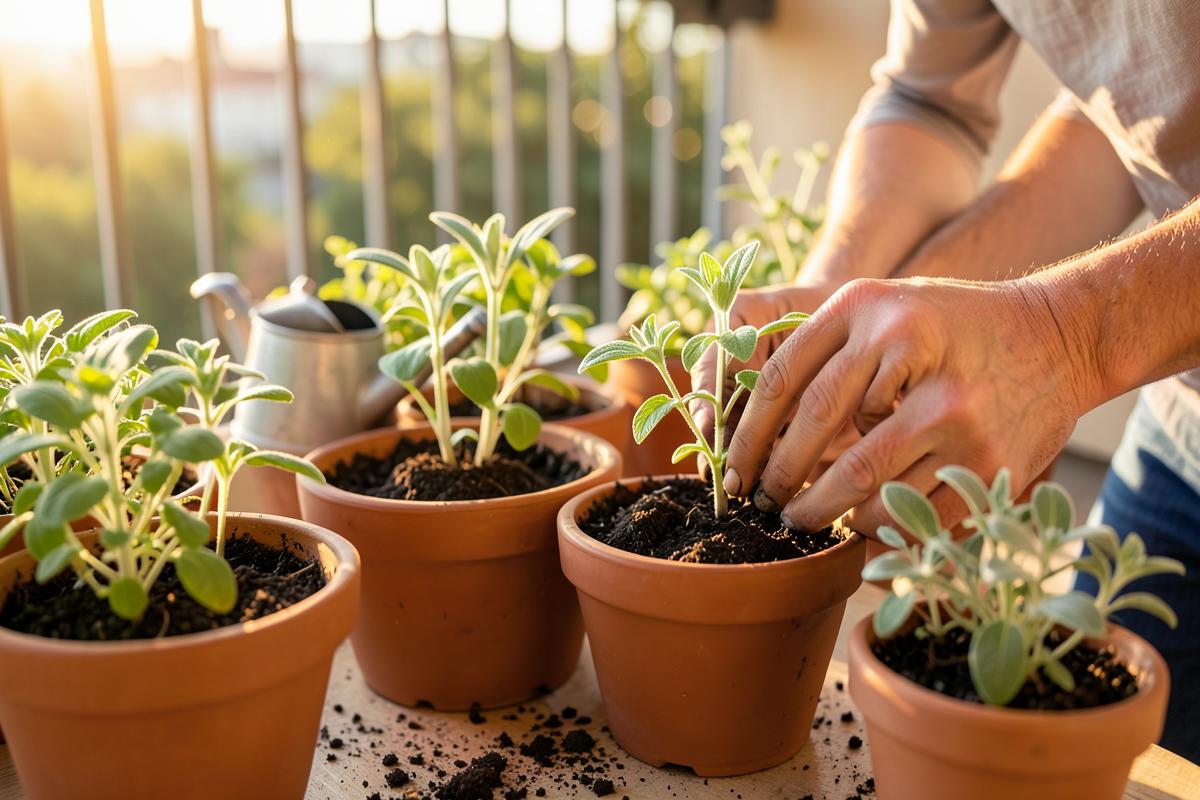 Hands potting herb seedlings into terracotta containers on a sunny balcony