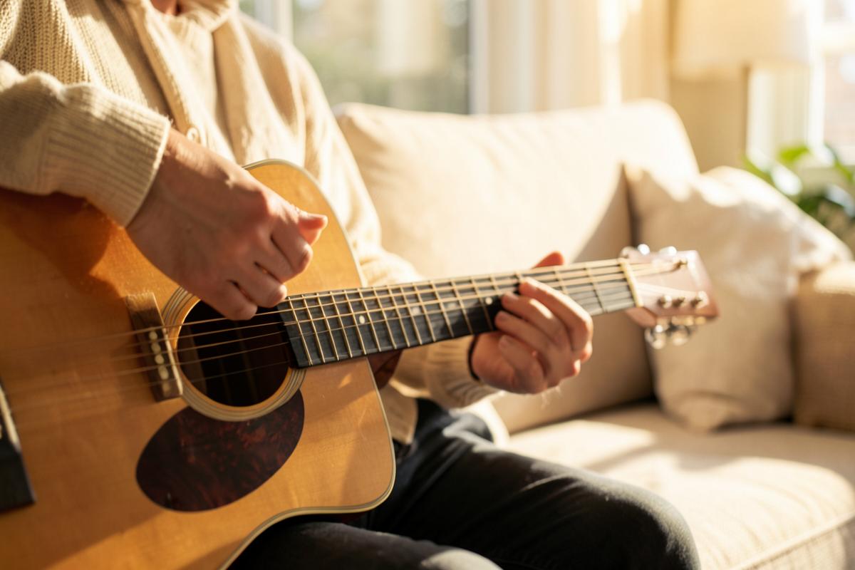 Hands forming a chord on an acoustic guitar in a sunlit living room