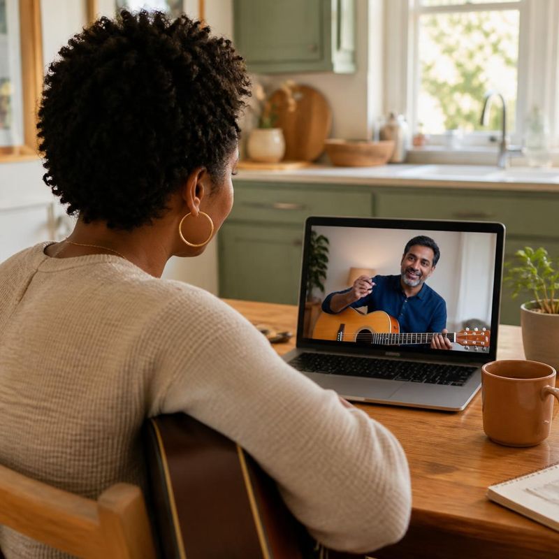 A woman learning guitar at her kitchen table while her teacher explains on a video call