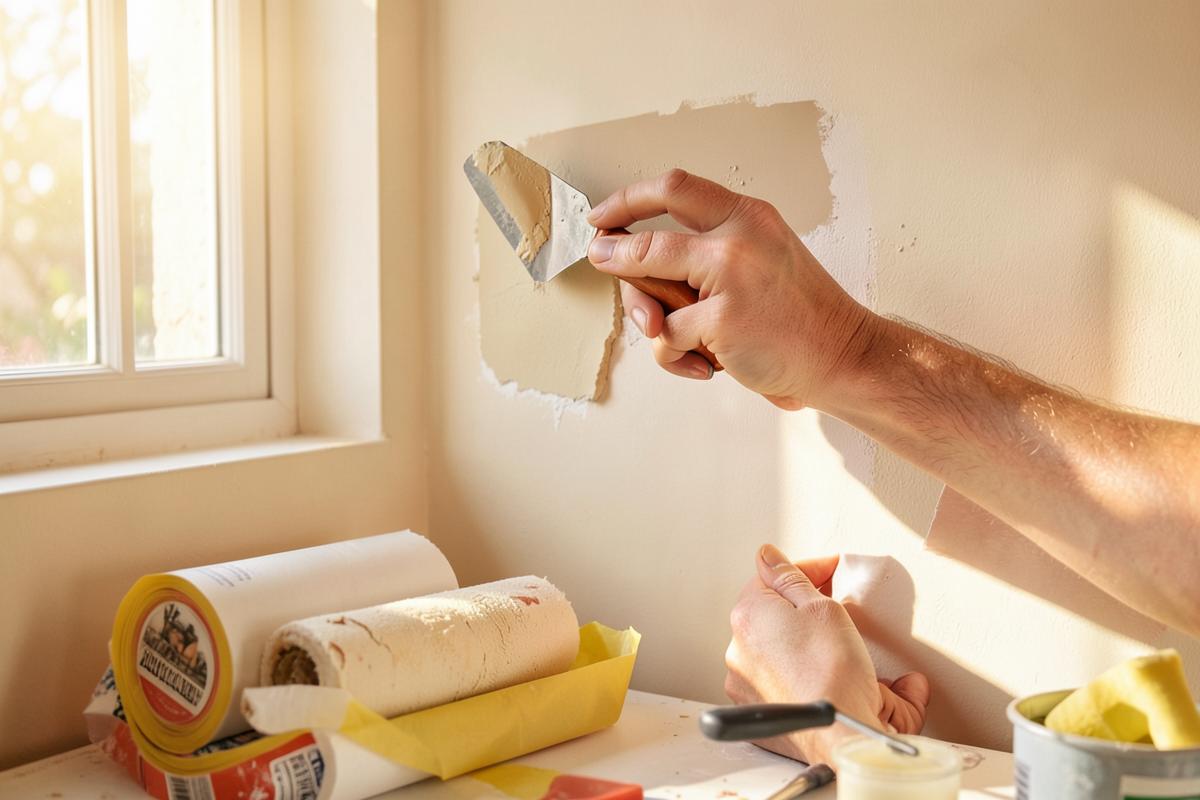 Hands filling a small wall repair with a putty knife in a sunlit room