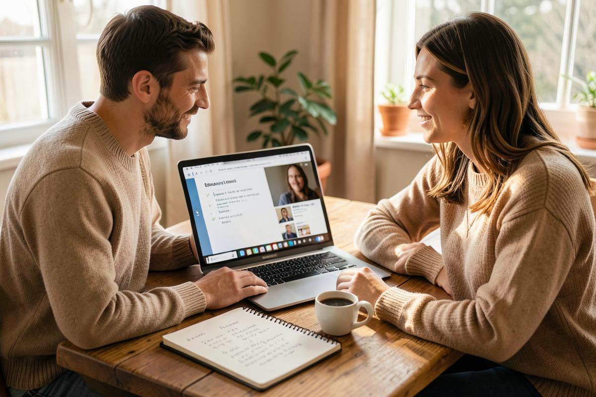 Two people practising a language over a video call with notes on a wooden table