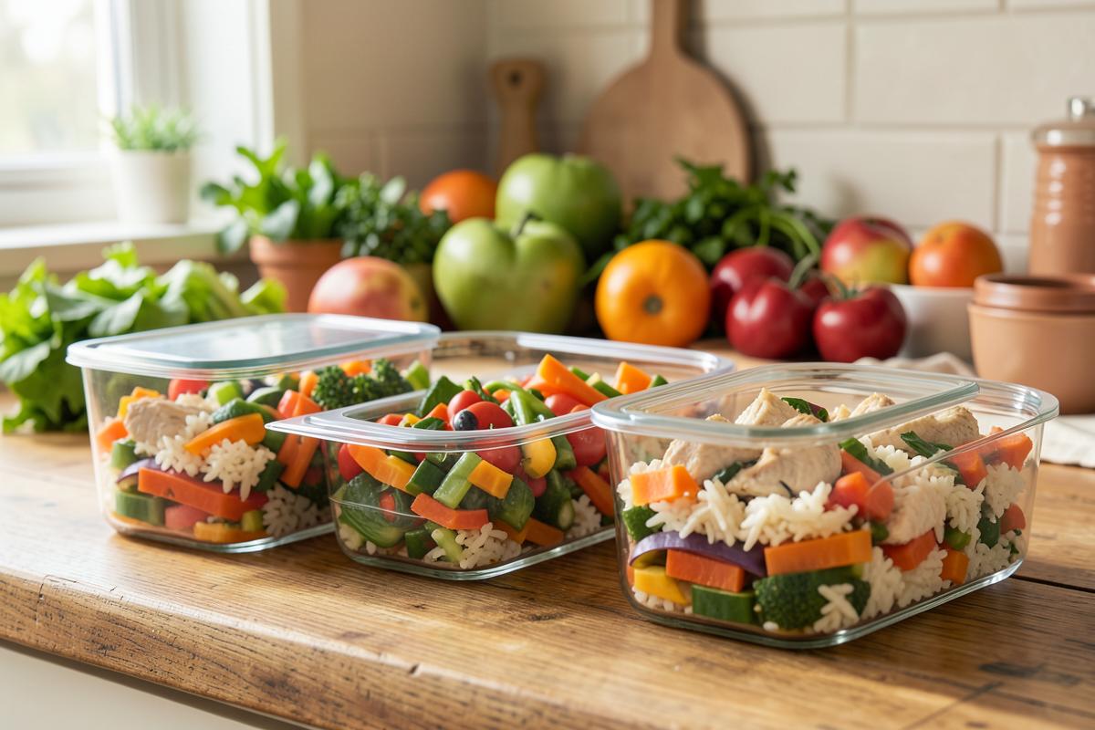 Glass meal prep containers filled with rice, vegetables and chicken on a kitchen counter