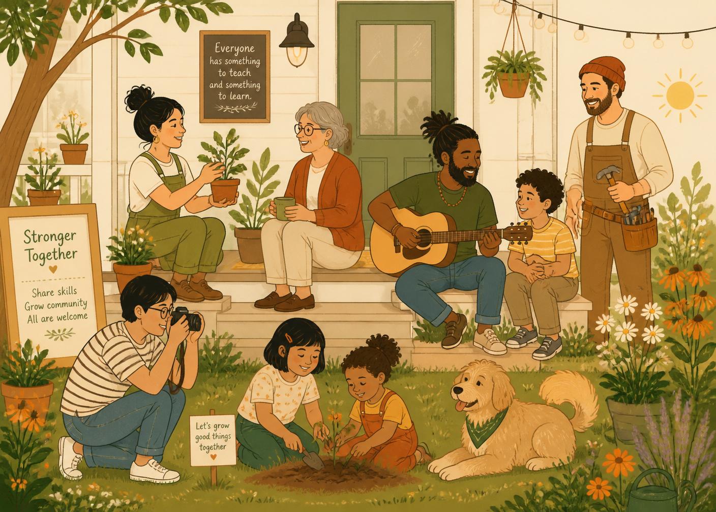 People sharing skills over video calls — gardening, guitar, photography, and tools.