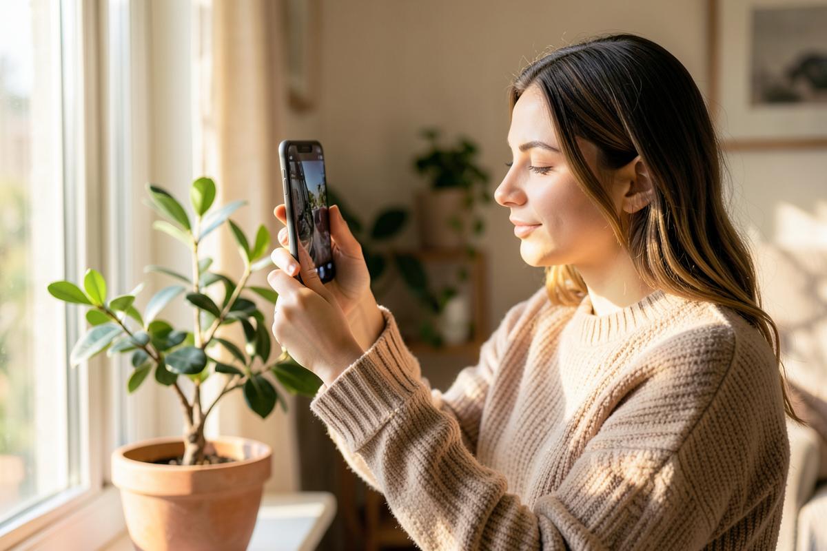 A woman photographing a potted plant with her phone in a sunlit room