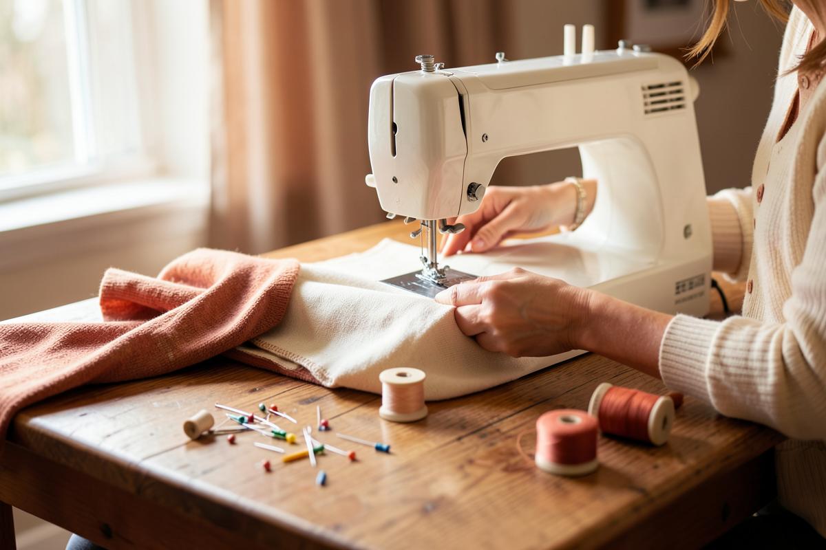 Hands guiding cream fabric under a home sewing machine on a wooden table